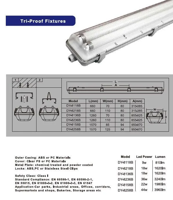 IP65 T8 Fluorescent Light Fixture Cover 2X58W T8/T5 Housing LED Tri Proof Light Outdoor LED Lighting Tunnel Light