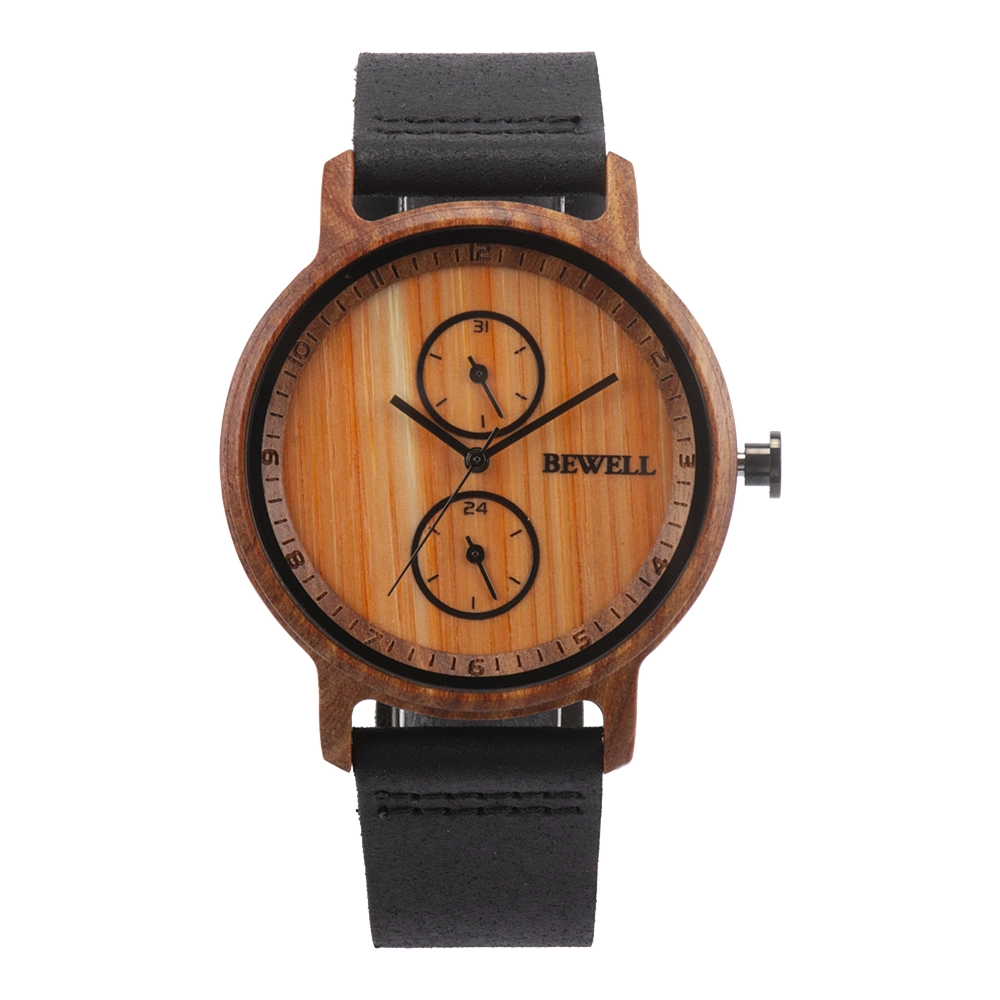 Bewell Luxury Wooden Watch Handmade Wristwatches with 2 Sub-Dials for Men Custom Logo Relogio Masculino Leather Watch Mens