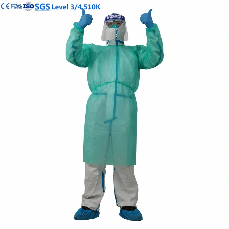 in Stock CE ISO SGS En13485 En13795 AAMI Disposable Waterproof Gown and Isolation Suit PP + PE Non Woven ASTM Approve Gown