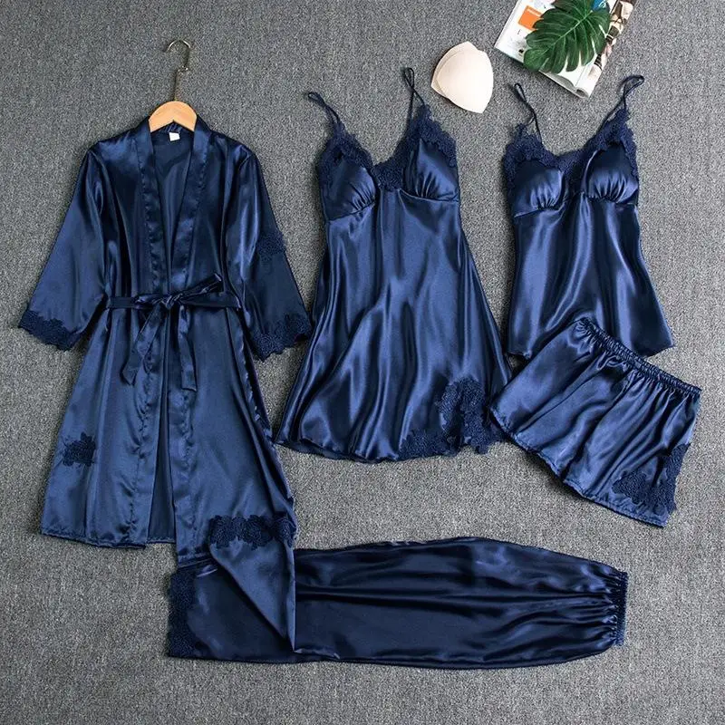 Heißer Verkauf Hochwertige Custom Solid Pyjama Set Damen Satin Seide wie Schlafbekleidung Robe Set für Frauen Robe Fille 5 PCS-Set