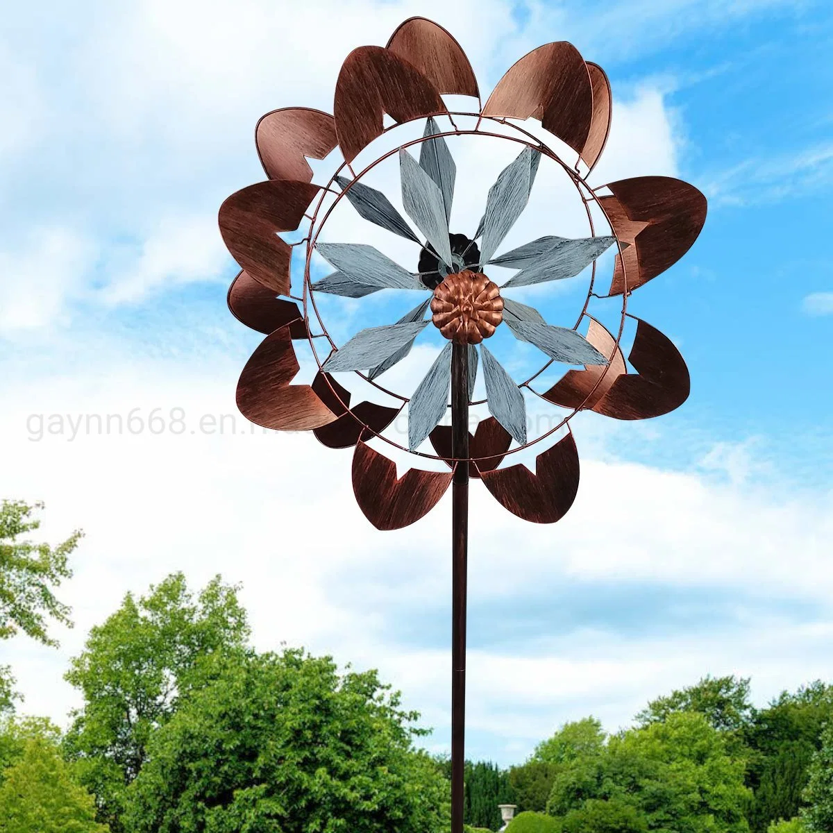 Impressionante Design Iron Windmill Wind Spinner para a decoração de jardim Com patina de cobre antigo em 75 polegadas de altura