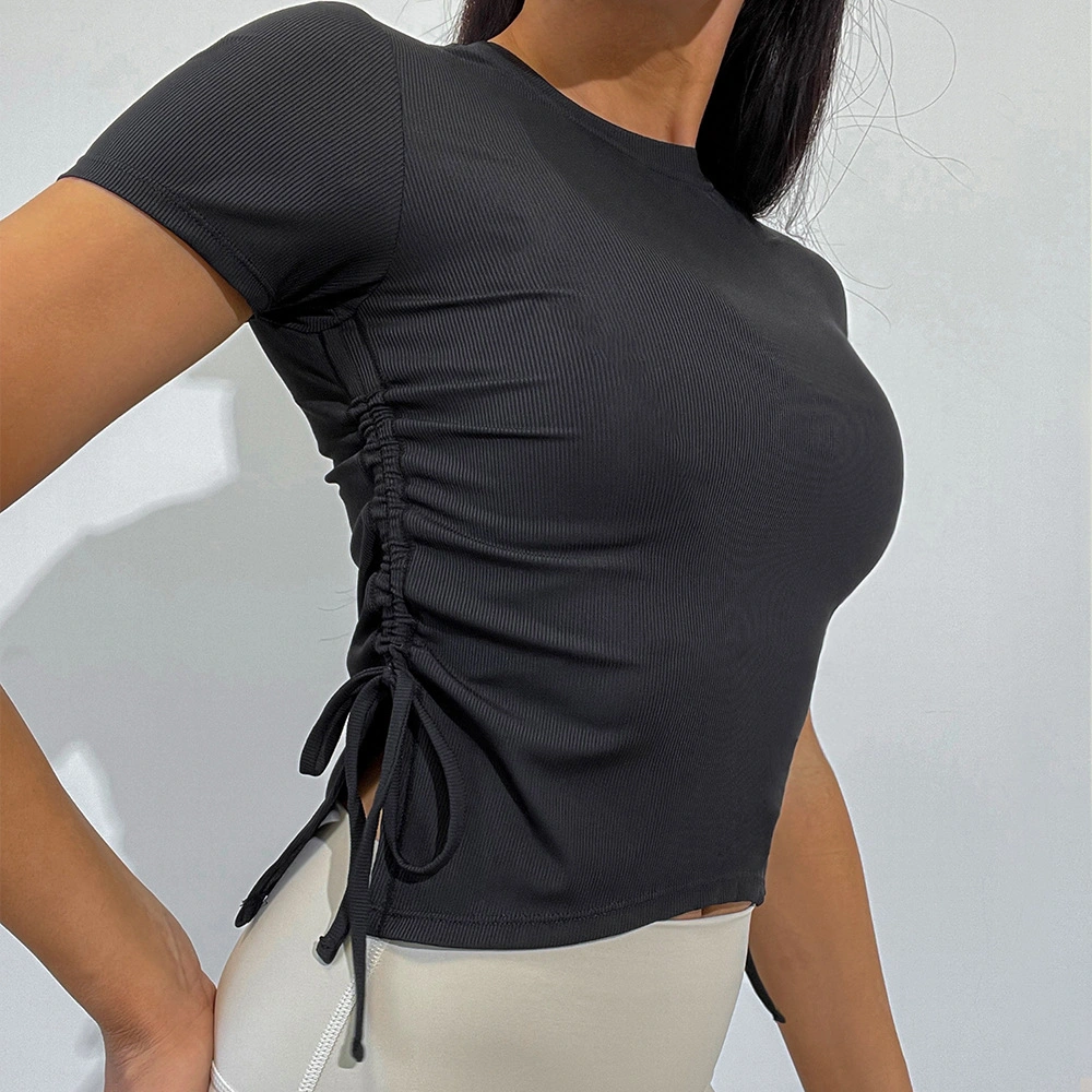 Moda cordón de cordón de cuello redondo ropa de yoga mujeres forma de limming Casual Ropa de manga corta para yoga