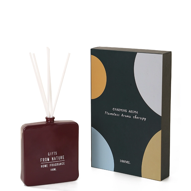 Custom 100ml Flat Ceramic Bottle Fragrance Reed Diffuser Home Decorative Gift Set