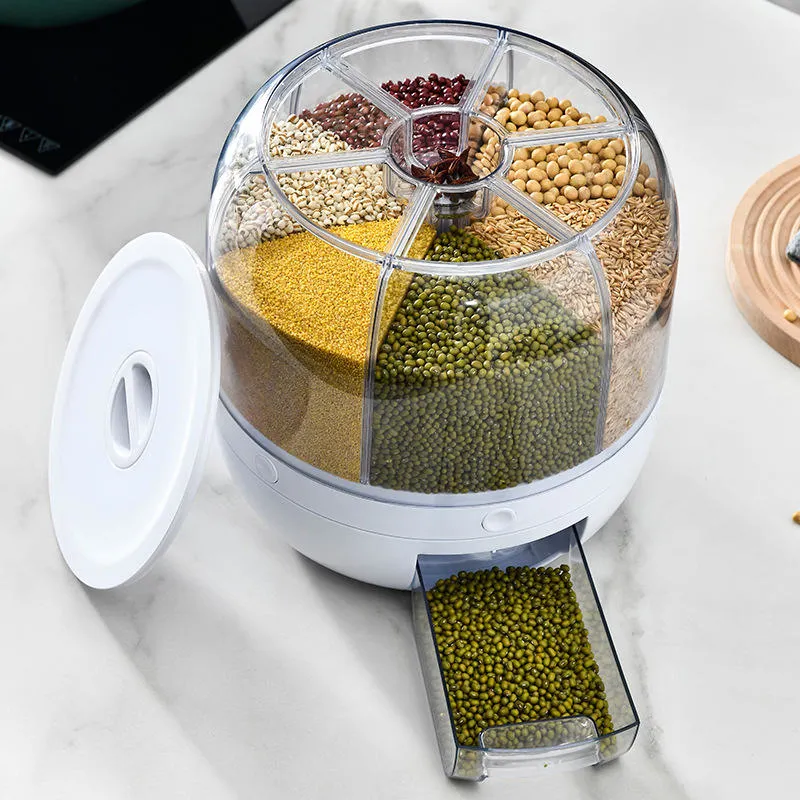 Rotating Dry Food Rice Dispenser 6-Grid Rotary Grain Buckets Rice Container Storager