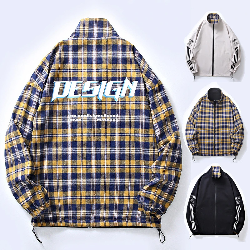 Fashion Jacket Men's Windbreaker Stand Collar Waterproof Coat Reversible Jacket Checkered/Black/White