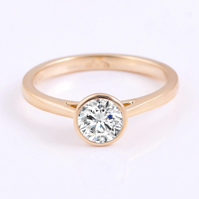 Customized 10K 14K 18K Solid Yellow Gold Ring Round Heart and Arrow Moissanite Bezel Setting Engagement Ring