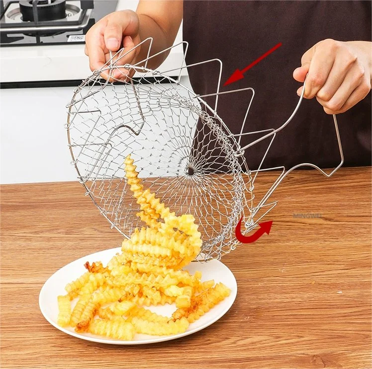 Mingwei 304 Stainless Steel Folding Fry Basket Strainer Net Kitchen Colander Cooking Tools