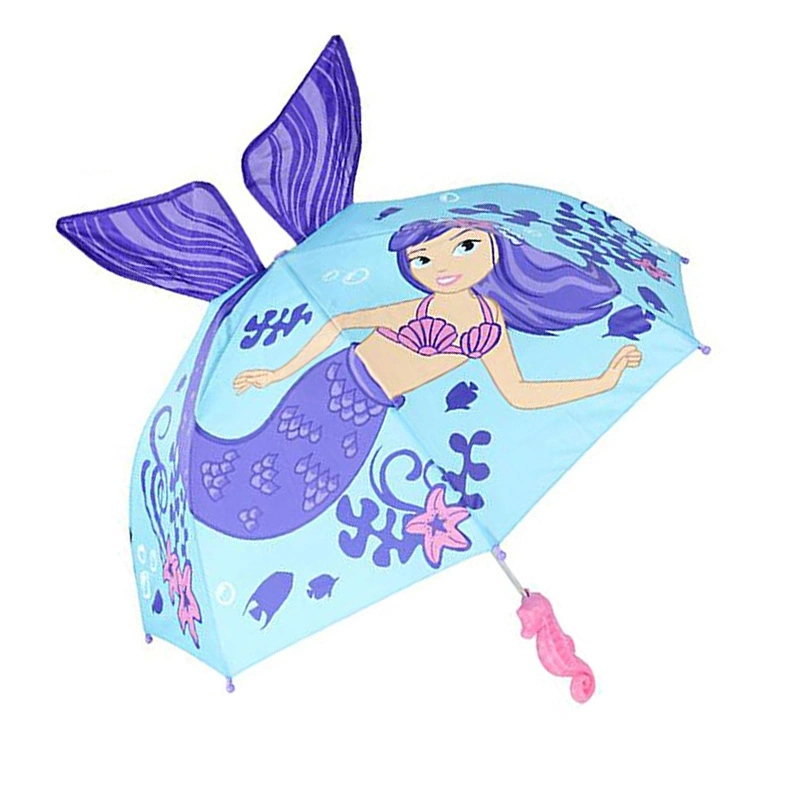 Blue Mermaid Umbrella for Girls with Fun Seahorse Handle and Pop-up Tail