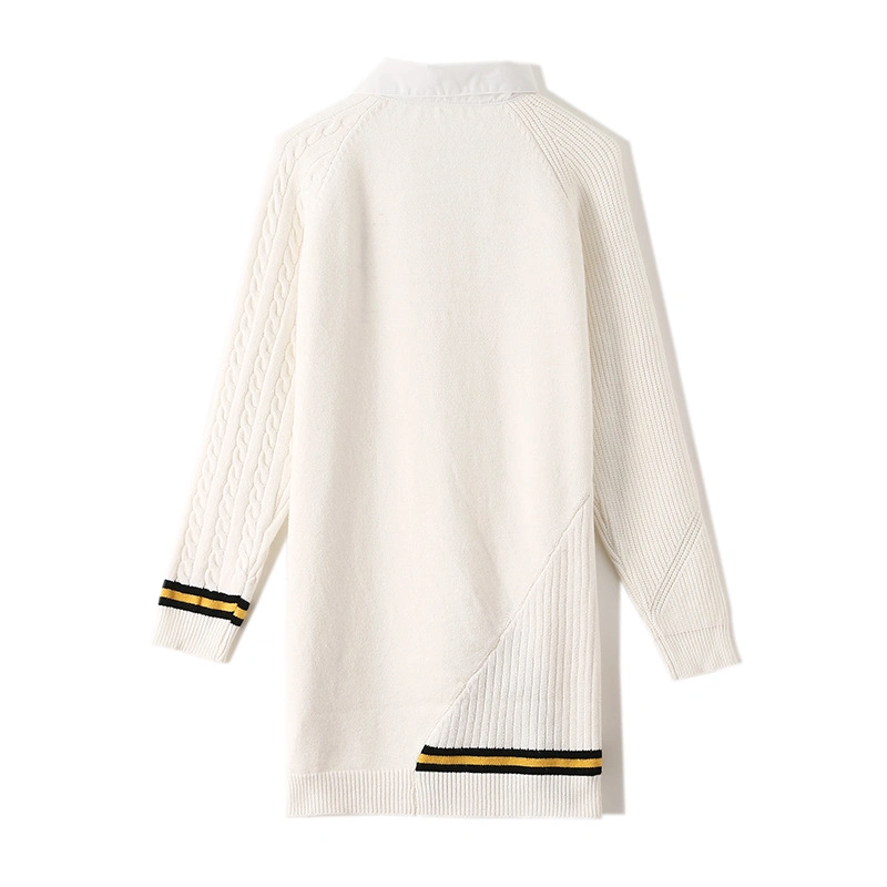 Women's Sweaters Loose Knitwear Cable Knitted Dress with Woven Collar