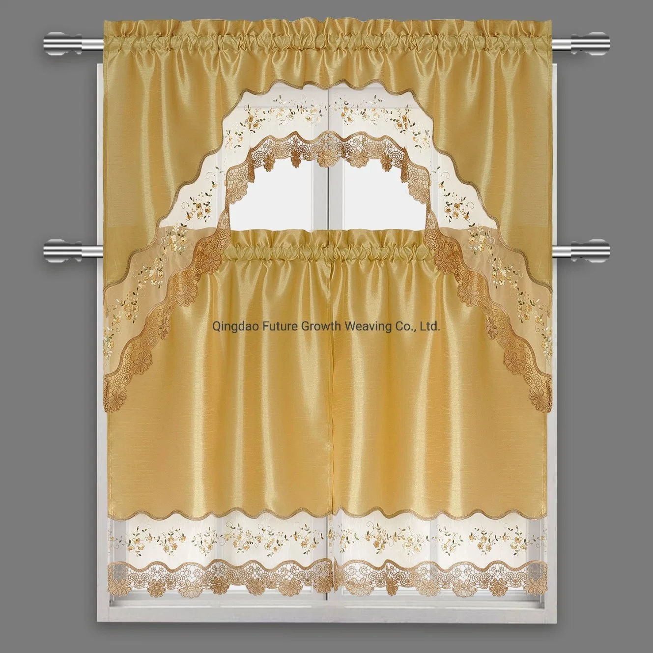 Gold Decoratice Embroidery Satin Polyester Home Swag Kitchen Window Curtains