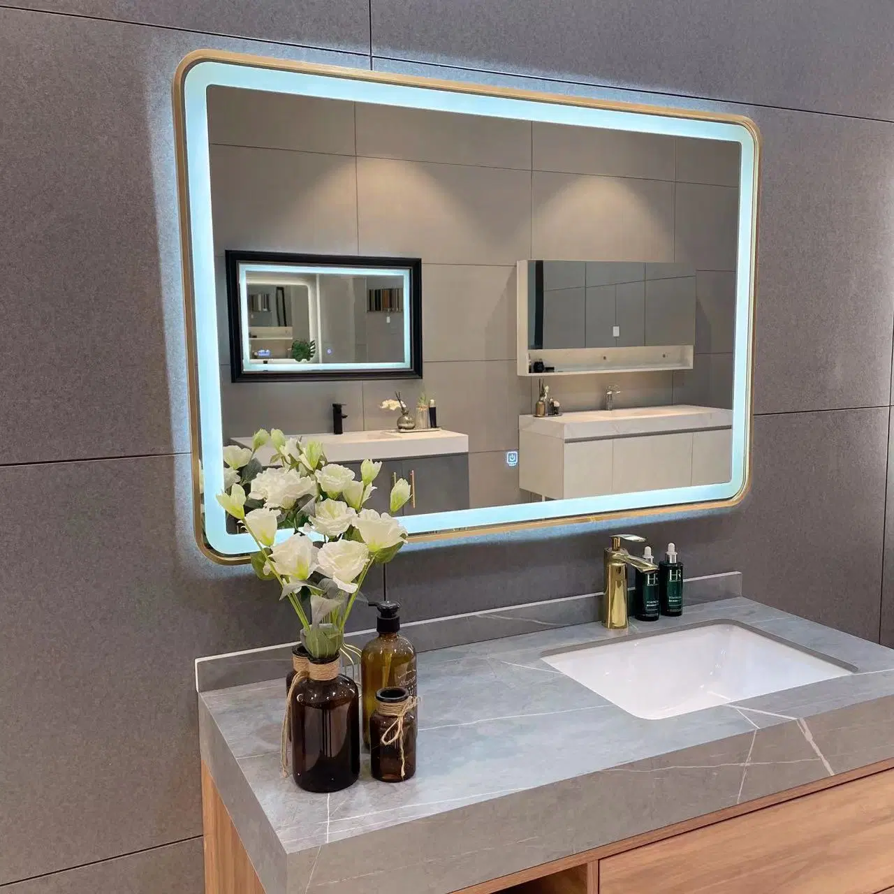 Chorreado de arena aluminio esmerilado marco rectangular ajustable Defogger Baño Smart iluminado Espejo