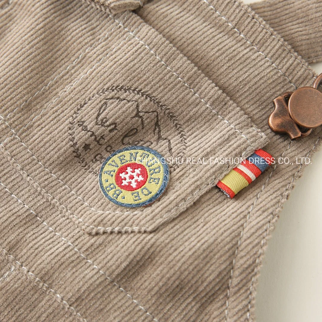 Boy Baby Coffee Woven Corduroy Suspender Pant Clothes with Embroidery and Metal Ring