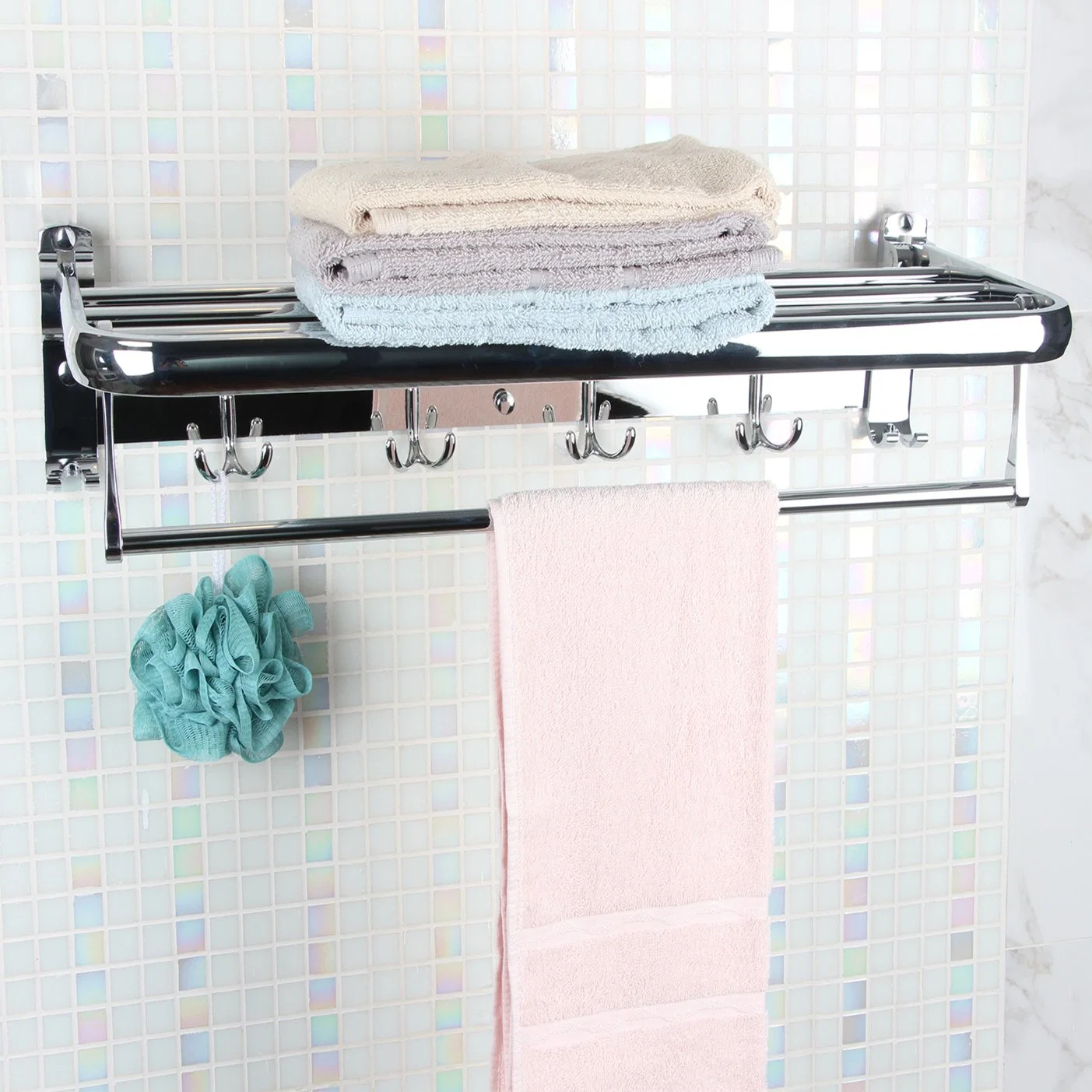 Serviette pliable Rack pour salle de bains, avec une serviette à montage mural des crochets et serviette réglable Bar, 304 Porte-serviettes en acier inoxydable, Chrome