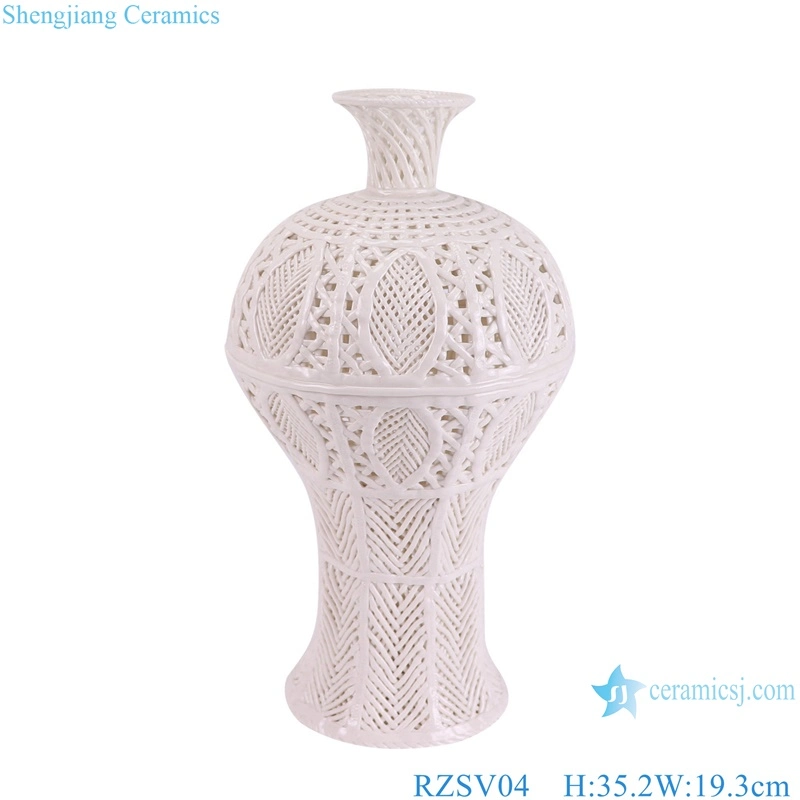 Elegant White Hollow out Fishtail Bottle Melon Woven Gourd Shape Porcelain Flower Vase Home Decor