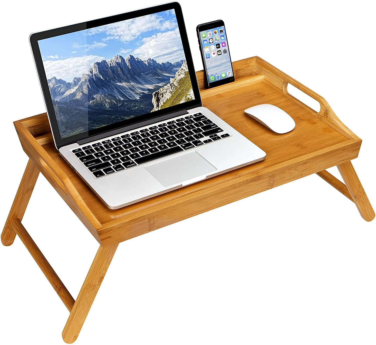 Bamboo Foldable Food Table Laptop Adjustable Bed Tray for Breakfast with Leg and Phone Holder