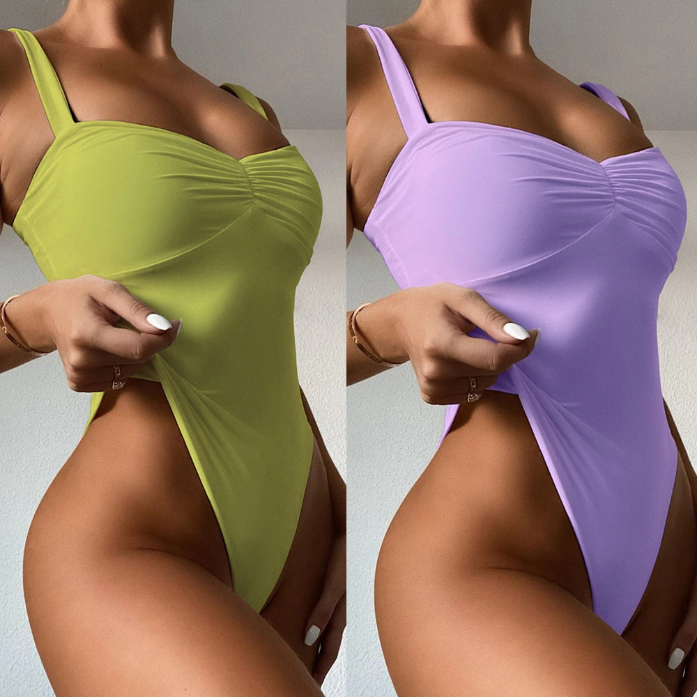 Ins Hot Girl Bikini One-Piece Jumpsuit Solid Color Wrinkle Sexy Swimsuit Bodysuit Women Swimwear Beachwear