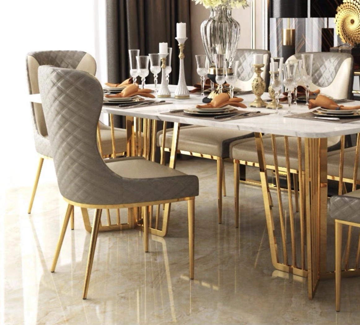 Sillones Muebles de comedor moderno restaurante Hotel de lujo en el marco de metal Silla de Comedor Salón sillas de cuero de acero inoxidable