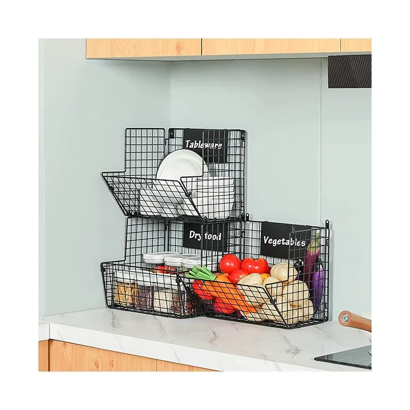 Foldable 2-Tier Metal Wire Kitchen Fruit and Vegetable Baskets Storage Containers Cart with Wheels Hanging Standing Basket