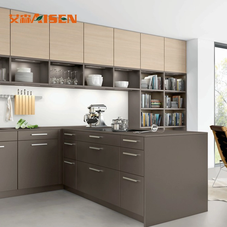 Two-Tangle Style Wooden Grain and Matt Brown Lacquer Kitchen Cabinet Designs Features LED Open Shelf