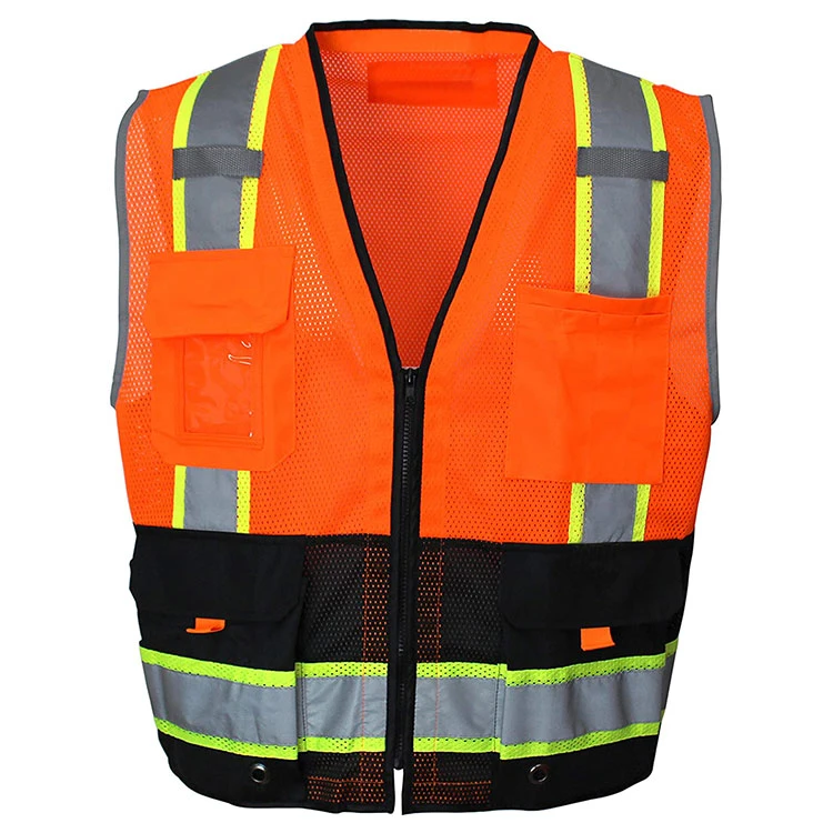 Two Tone Breathable Mesh Electrician Orange Reflective Strips Safety Vest