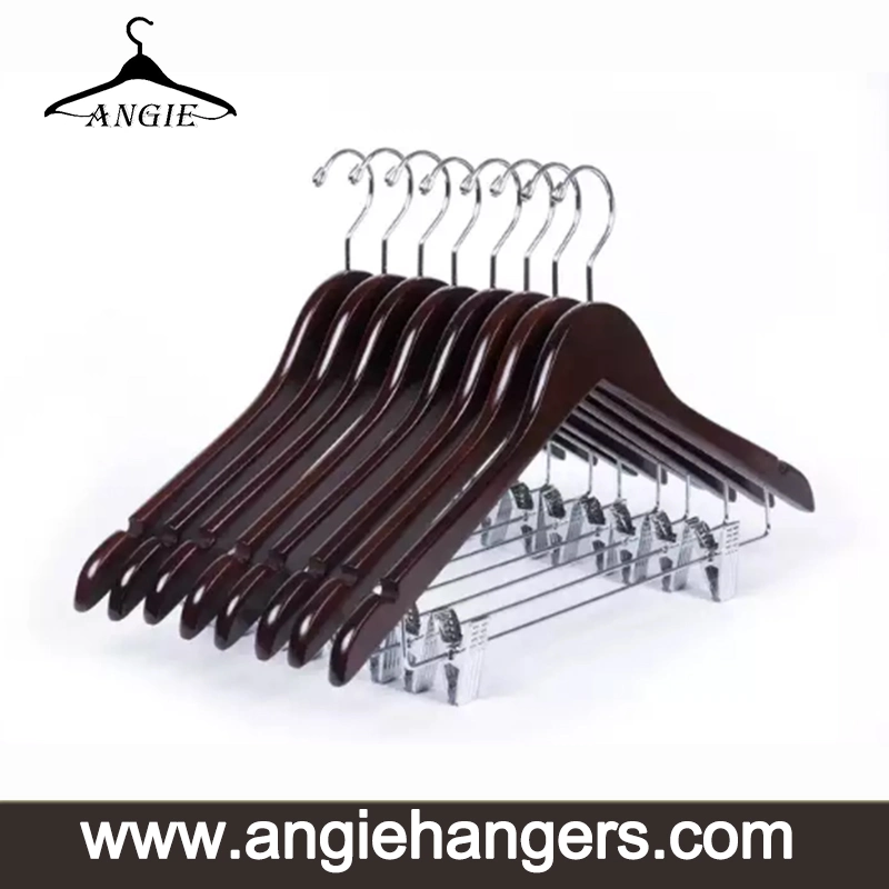 Dark Wood Hangers: Solid Wooden Top Garment Hangers of Cherry Brown Finish with Metal Trousers Clips for Adult Clothes Display