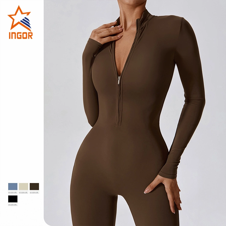 Ingor Sportswear Kleidung Hersteller Zipped Naked Langarm-Sets Yoga Jumpsuit Fitness Sport Jumpsuit Gym Wokrout Athletic Wear