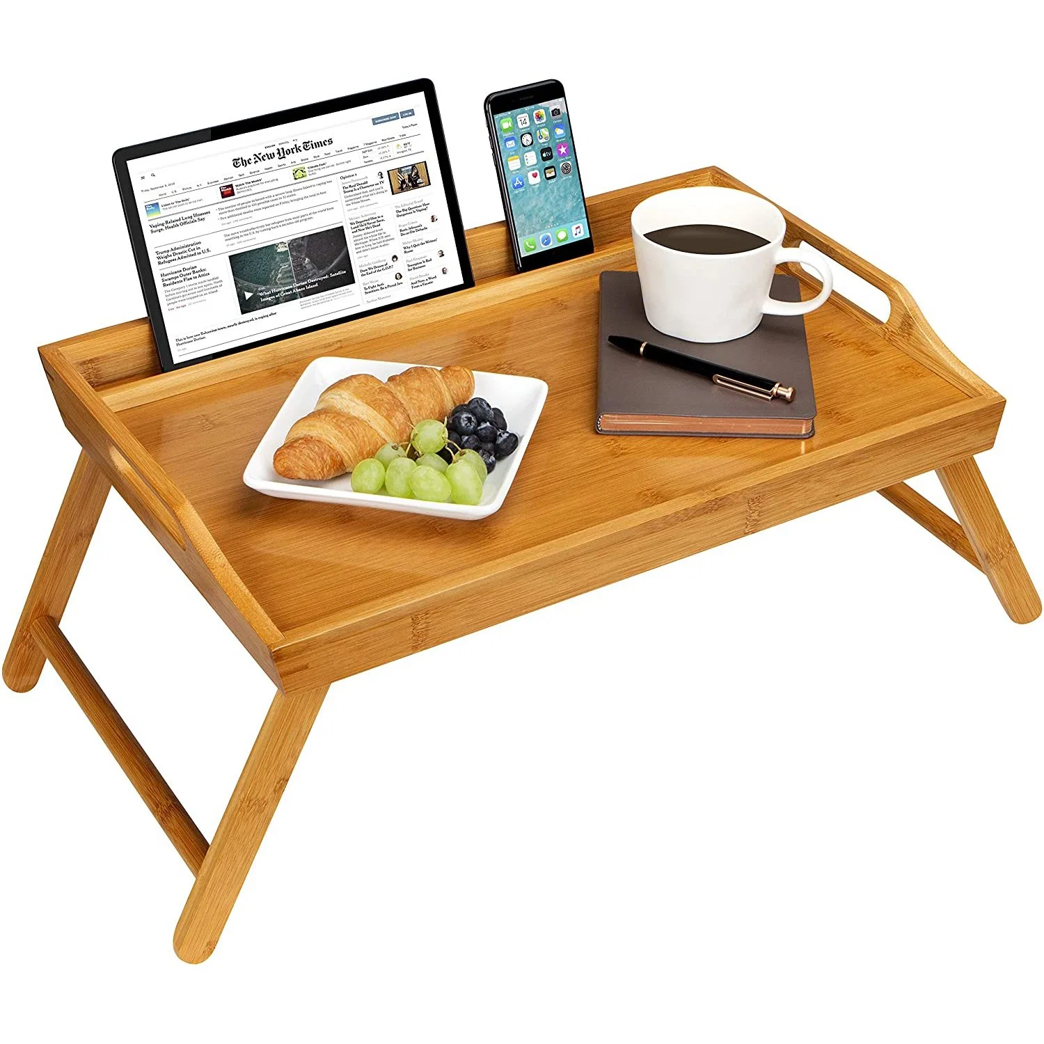 Natural Bamboo Media Bed Folding Tray with Phone Holder Fits up to 17.3 Inch Laptops and Most Tablets