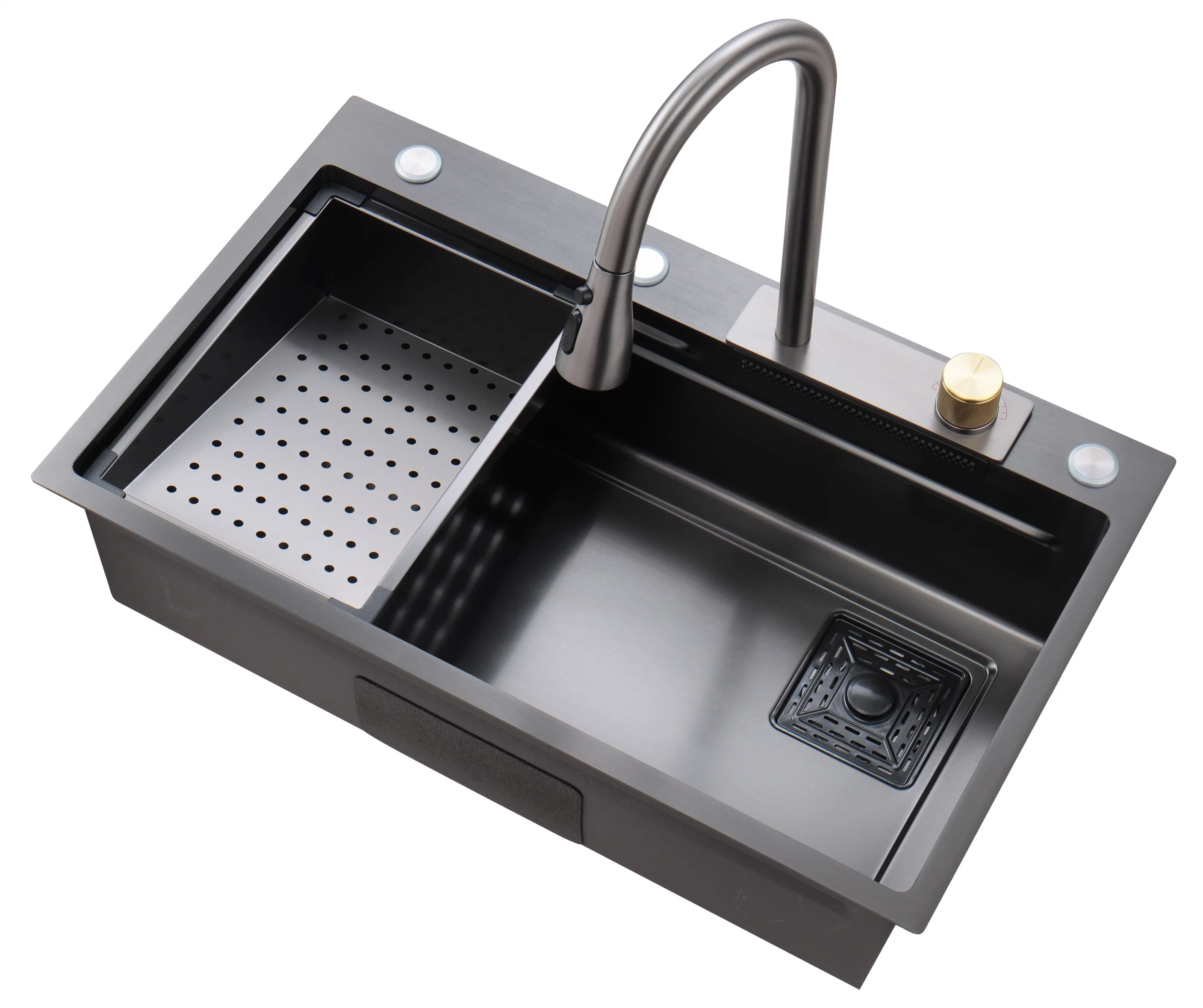 Ws7546A Handmade Single Bowl with Waterfall Faucet Nanoblack China Wholesale/Supplier Factory Customized Accessories Stainless Steel Cabinet Kitchenware Kitchen Sink