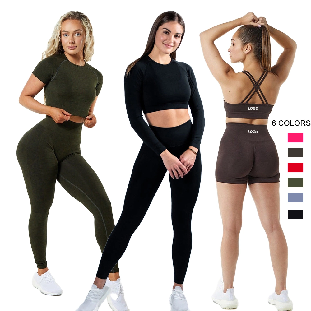 Venta caliente 5pcs deportes de conjunto de trajes de sudor fitness gimnasio compresión perfecta ropa para mujer, el logotipo personalizado gimnasio arriba + Shorts polainas de ejercicios de Yoga + activa de las prendas de vestir