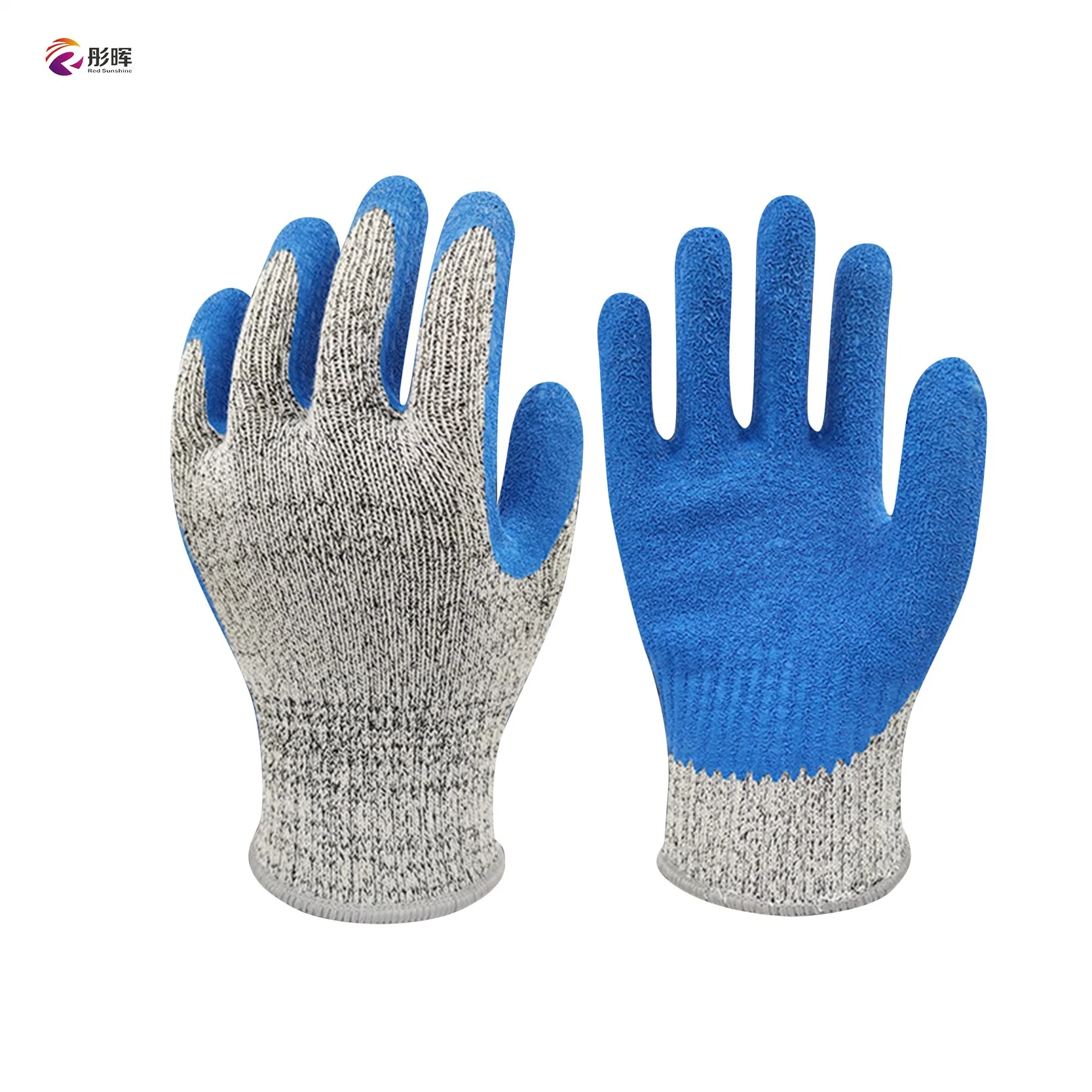 Gants de travail anti-coupure en polyester HPPE pour la construction en gros en Chine. Gants en nylon tricoté gris avec revêtement en latex froissé.