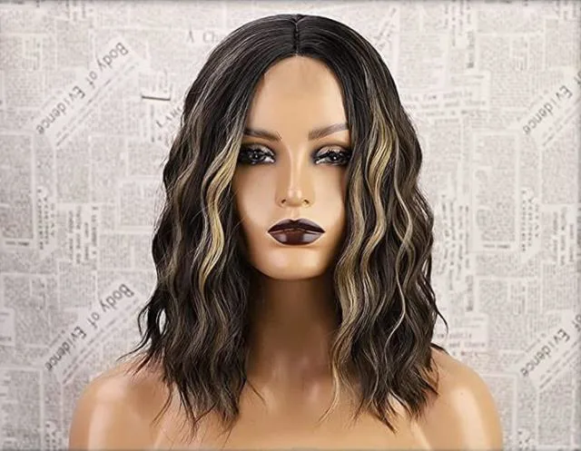 Highlight Body Wave Wigs Omber Black Brown Blonde Synthetic Wig Hairline Heat Resistant Short Wavy Wigs for Black Women Cosplay Hair Wig