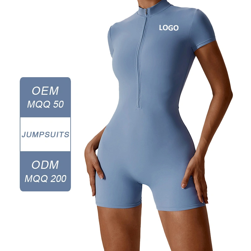 Summer Women's Beach Wear One Piece Short Sleeves Zipper Front Shorts Tummy Control Gym Sports Wear Sports Jumpsuit Swimwear