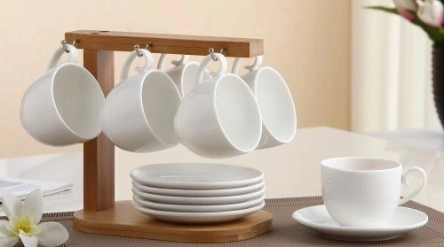 Ceramic Coffee Cup Set with Bamboo Stand