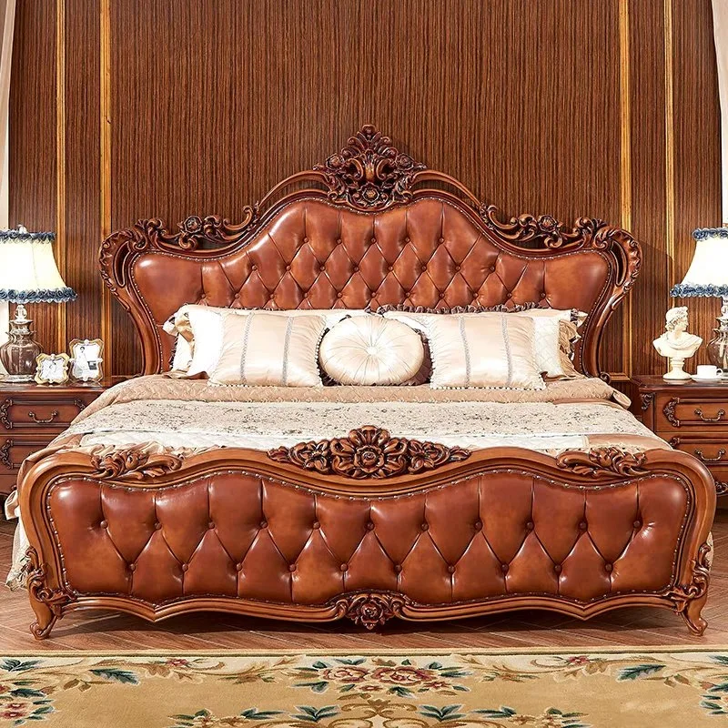 Customized Bedding Furniture Comfortable Headboard Genuine Leather Double Bed Bedroom Set