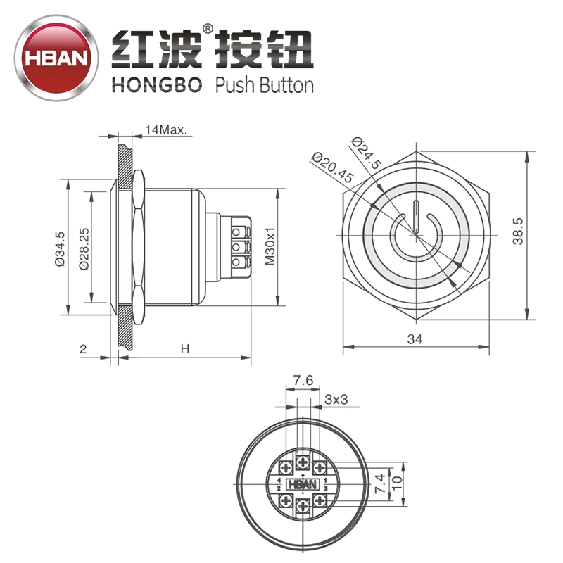 Stainless Steel Waterproof 220volt Illuminated Switch 30mm Button with Screw