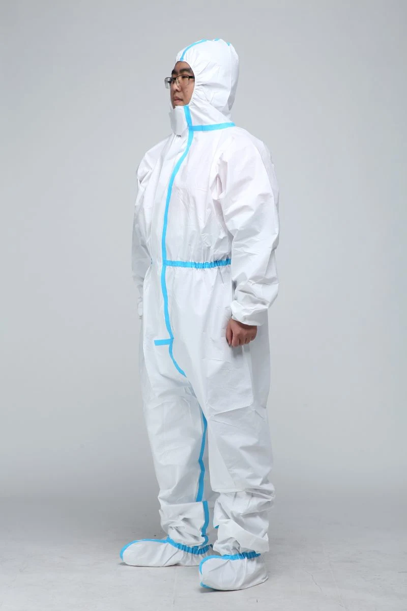 Type 4/5/6 Disposable Medical Laminted Coverall with Boots Knitted Cuff Flap Overall