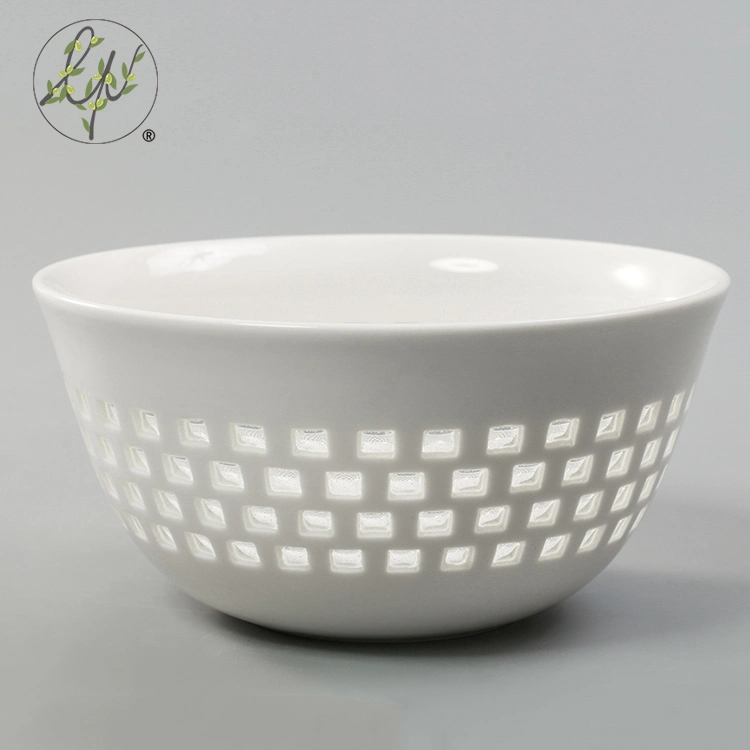 European Pure White Customized Hole Pattern Ceramic Bone China High Temperature Various Hollow-out Salad Bowl