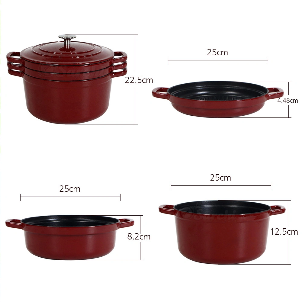 4-in-1 Cast Iron Stackable Dutch Oven Set Enameled Cookware Set