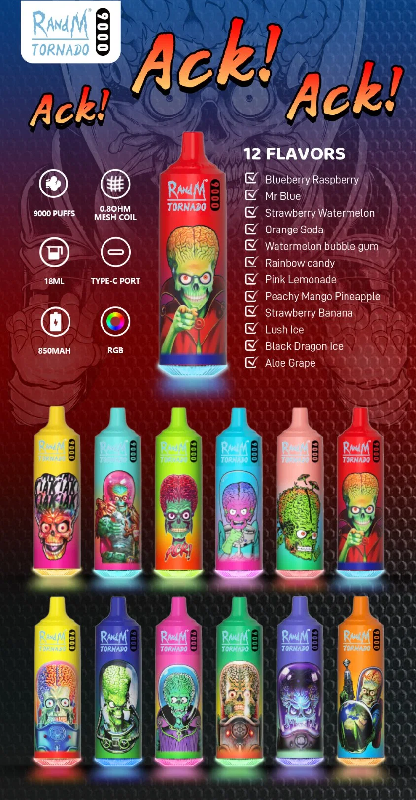 Randm Nuevo estilo luces de color de fondo desechable VAPE Tornado 9000 Puff