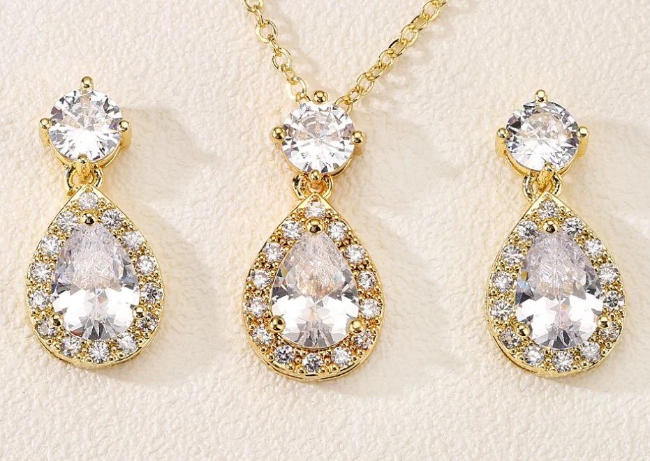 Rose Gold Teardrop Pear Shape CZ Necklace Pierced Earrings Women. Wedding Jewelry Sets