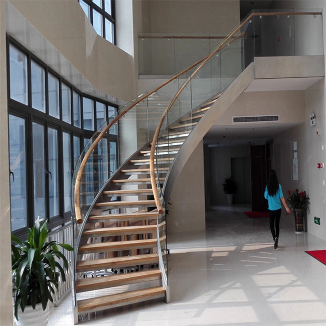 Curved Glass Spiral Staircase Design / Villa Indoor Spiral Stairs Glass Tread