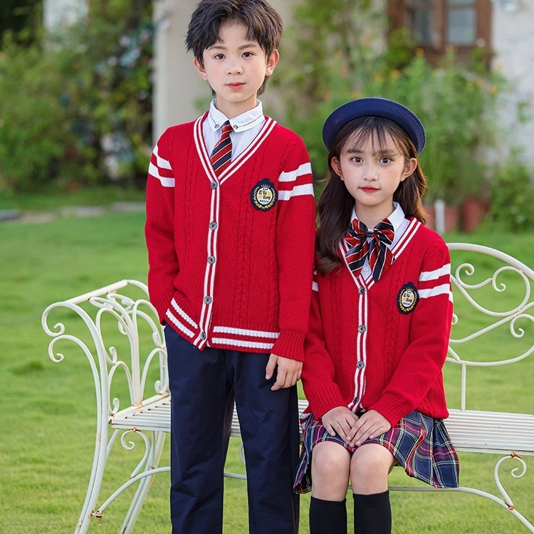 English Style Team Uniform Spring and Autumn Attire Cardigan Red Sweater