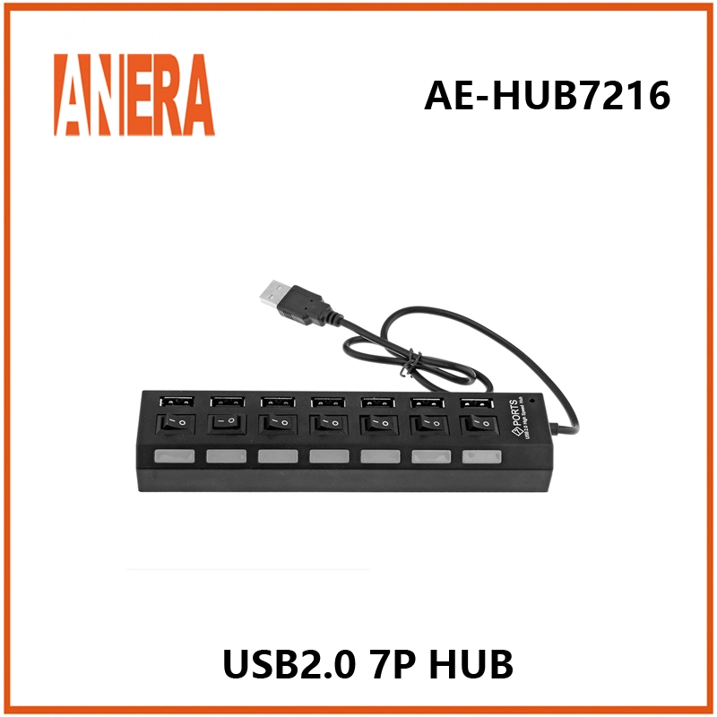 Anera Hub USB 2.0 à 7 ports mince et léger avec interrupteur individuel et câble de 45 cm, idéal pour ordinateur portable et PC.