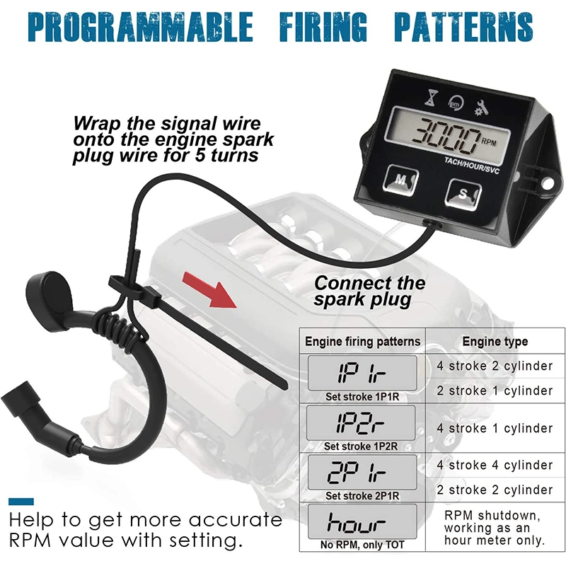 Digital Display Tachometer Engine Tach Hour Meter Gauge Inductive Display for Motorcycle Car Motor Stroke Replaceable Battery