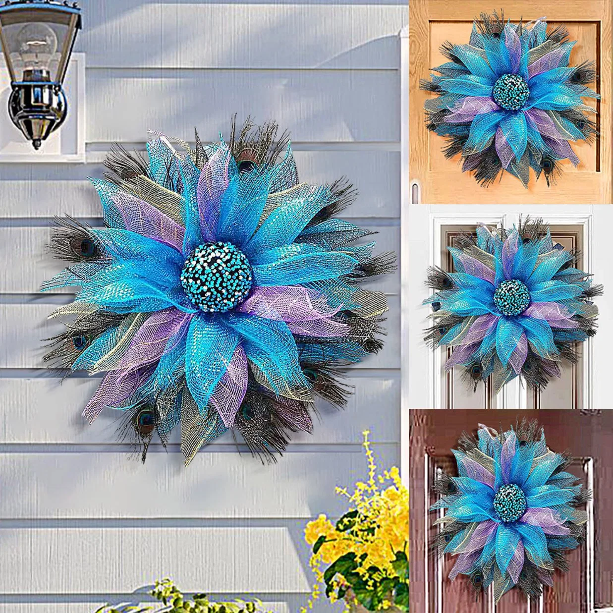 Peacock Feather Garland Home Decor Holiday Decoration Fabric Wreath Door Hanging