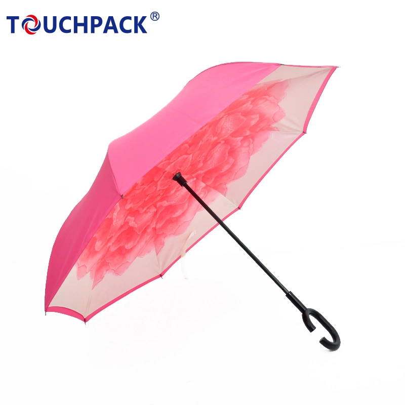 Amazon Best Seller Double Fabric Windproof C Shape Handle Upside Down Inverted Reverse Umbrella