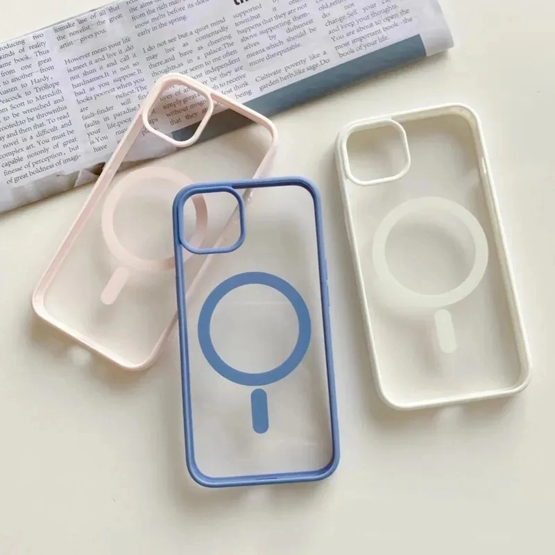 Magnetic Wireless Charging Mobile Phone Case Transparent Acrylic Back Part Frosted TPU Edge Case for Phone 15 Plus 15 PRO Max