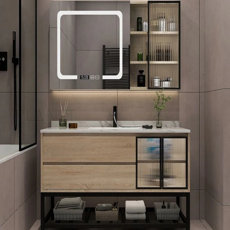 Ensemble de vanité de salle de bain flottante en bois massif de luxe de style européen avec lavabo et miroir.