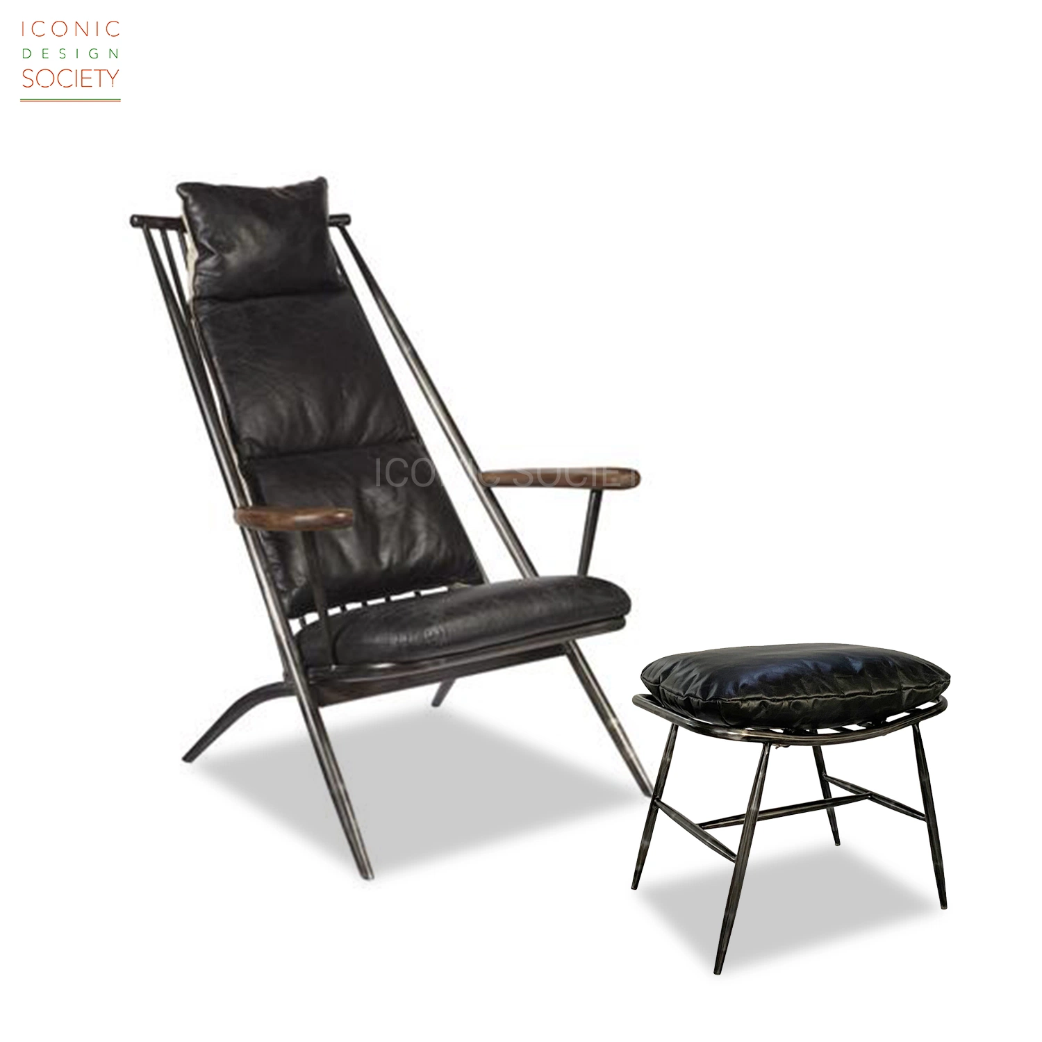 Meubles de salle de vie modernes Cadre en métal noir Lobby Outdoor Accueil Mobilier Pouf en cuir véritable et tissu Accent Loisirs Chaise de Salon