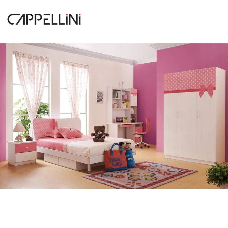 New Design Girl Room Pink Single Kids Bed Desk Wardrobe Sets Modern Wooden Children Bedroom Furniture